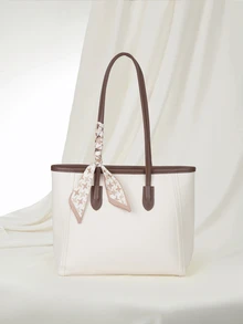 Clariva Fashionable Plain Color Scarf Decor PU Leather Tote Bag, Retro Minimalist Casual Shoulder Bag, Large Capacity Commuter Handbag Suitable For Women Gifts - White - View 1