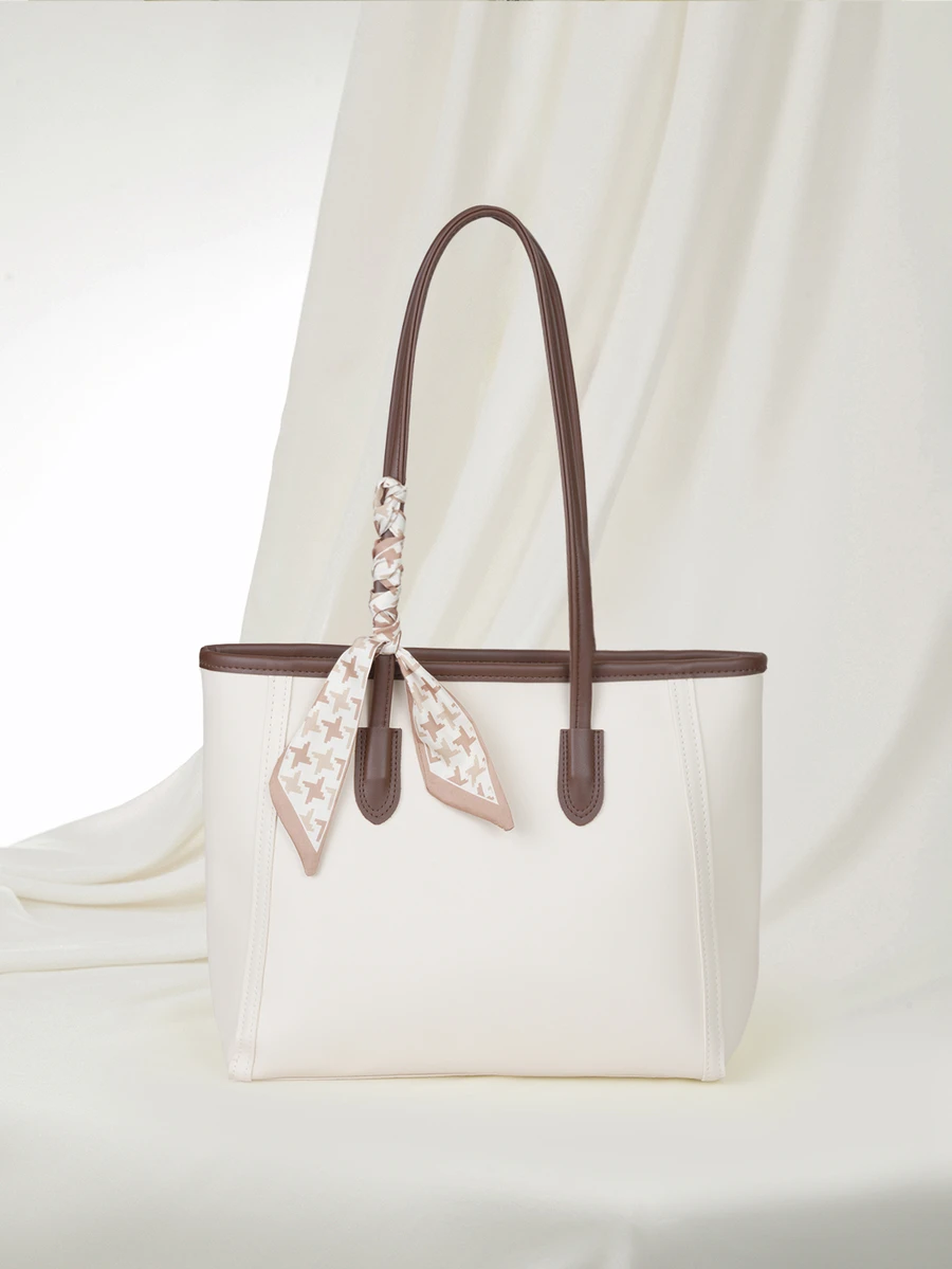 Clariva Fashionable Plain Color Scarf Decor PU Leather Tote Bag, Retro Minimalist Casual Shoulder Bag, Large Capacity Commuter Handbag Suitable For Women Gifts - White - View 1