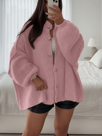 Joy Knit 女士秋冬针织衫 - 简约宽松针织开衫，配金属纽扣，长袖粉色