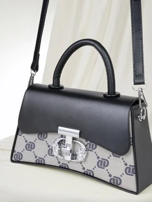 Clariva 1个复古方形手提包，字母印花翻盖斜挎包，方形，可拆卸肩带，圣诞礼物 - 黑色 - 查看 6