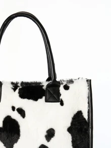 CHICVUE Simple Design Cow Pattern Women Soft Plush Shoulder Bags Winter Furry Ladies Purse Handbags Fashion Female Totes Bags Gifts - Black and White - View 5