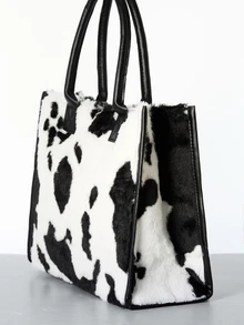 CHICVUE Simple Design Cow Pattern Women Soft Plush Shoulder Bags Winter Furry Ladies Purse Handbags Fashion Female Totes Bags Gifts - Black and White - View 3
