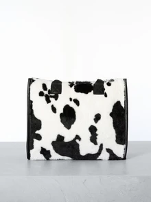 CHICVUE Simple Design Cow Pattern Women Soft Plush Shoulder Bags Winter Furry Ladies Purse Handbags Fashion Female Totes Bags Gifts - Black and White - View 4