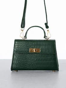 CHICVUE 迷你鳄鱼纹扭扣翻盖方形手提包/斜挎包/单肩包，简约休闲纯色，便携轻巧，配有可调节肩带，适合女性、职场新人及白领人士，也适合女孩和女士，是办公室、工作、商务、通勤的理想之选。动物纹印花女包，圣诞礼物佳品。 - 墨綠色 - 查看 3