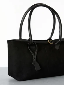 CHICVUE 1pc Black Strap Decor Large Capacity Faux Suede Patchwork Tote Bag, Women Shoulder Bag Gifts - Black - View 5