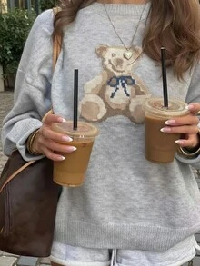 2025 Autumn/Winter New Fashion Casual Vintage Colorblock Cute Teddy Bear Graphic Knit Pullover Sweater, Women Animal Print Basic Tops, Going Out Tops, Fall Women Clothes, Korean Style, Modest Women, Party Women, Y2K Women, Tops For Going Out, Concert Women, Date Night Women