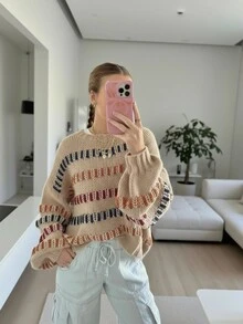 2025秋冬新款女士休闲复古撞色宽松喇叭袖针织毛衣基础款上衣，适合返校、圣诞节、约会等场合，韩版风格，秋季百搭，适合派对、Y2K风格、外出、音乐会、约会等场合，休闲百搭，适合新年、冬季、沙特国庆节等场合，时尚乡村风。 - 卡其色 - 查看 3