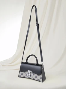 Clariva 1个复古方形手提包，字母印花翻盖斜挎包，方形，可拆卸肩带，圣诞礼物 - 黑色 - 查看 4