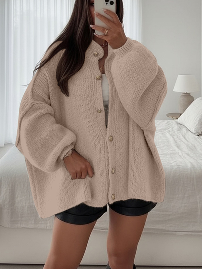 Freude Strick Damen Pullover für Herbst/Winter, moderner neuer Stil - Minimalistischer, locker sitzender Strickjacke mit Metallknöpfen, Langarm Strickmantel