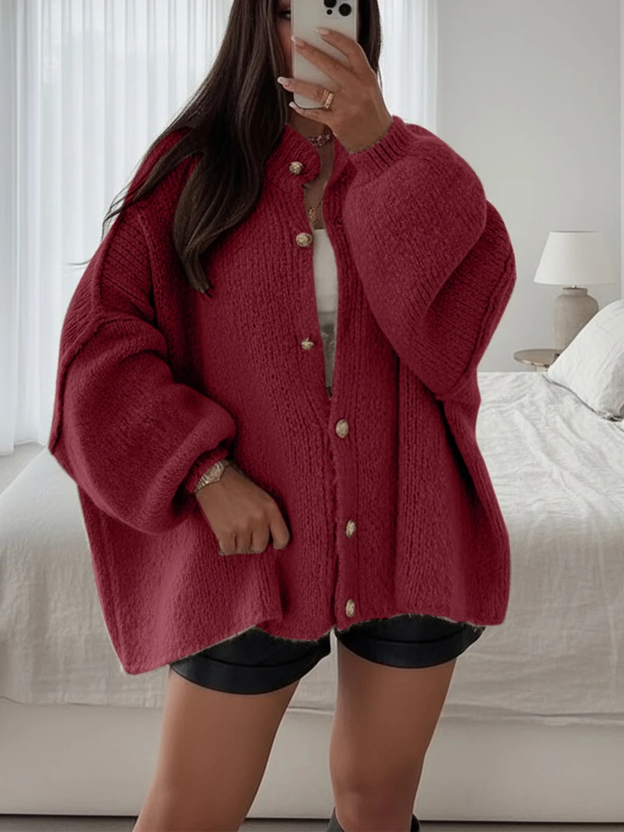 Joy Knit 女式秋冬毛衣,时尚新款 - 简约宽松针织开衫,带金属纽扣,长袖毛衣外套 - 酒紅色 - 查看 1