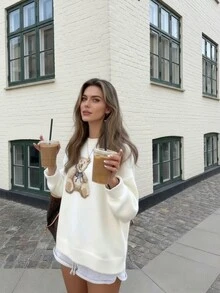 2025秋冬新款时尚休闲复古撞色可爱泰迪熊图案针织套头毛衣，女士动物纹基础款上衣，外出上衣，秋季女装，韩版风格，端庄女装，派对女装，Y2K女装，外出上衣，演唱会女装，约会女装 白色 - 白色 - 查看 3