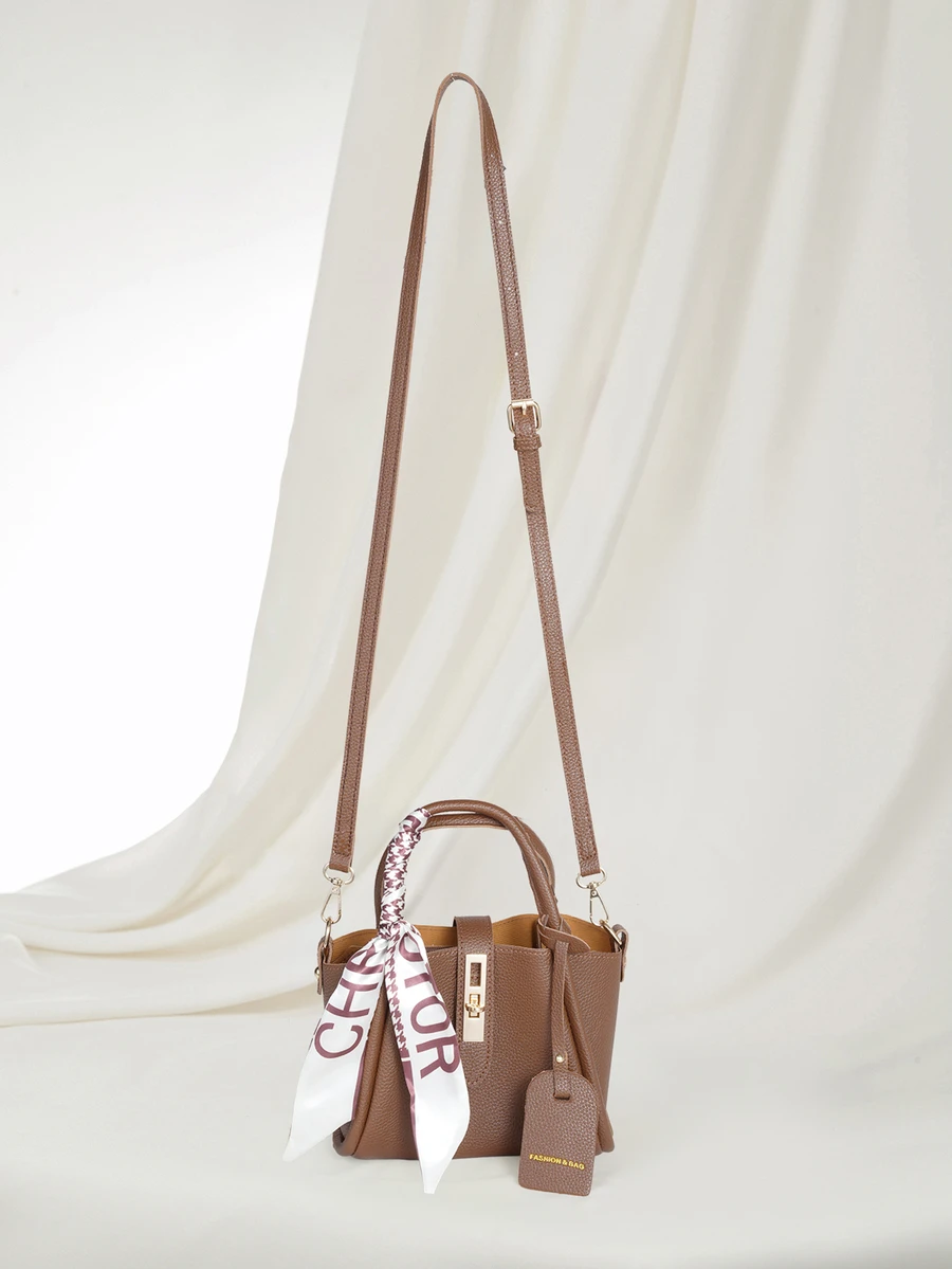 1pc Fashion Minimalist Buckle PU Tote Bag With Scarf, Suitable For Daily Use Gifts - Coffee Brown - View 1