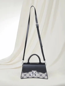 Clariva 1个复古方形手提包，字母印花翻盖斜挎包，方形，可拆卸肩带，圣诞礼物 - 黑色 - 查看 2