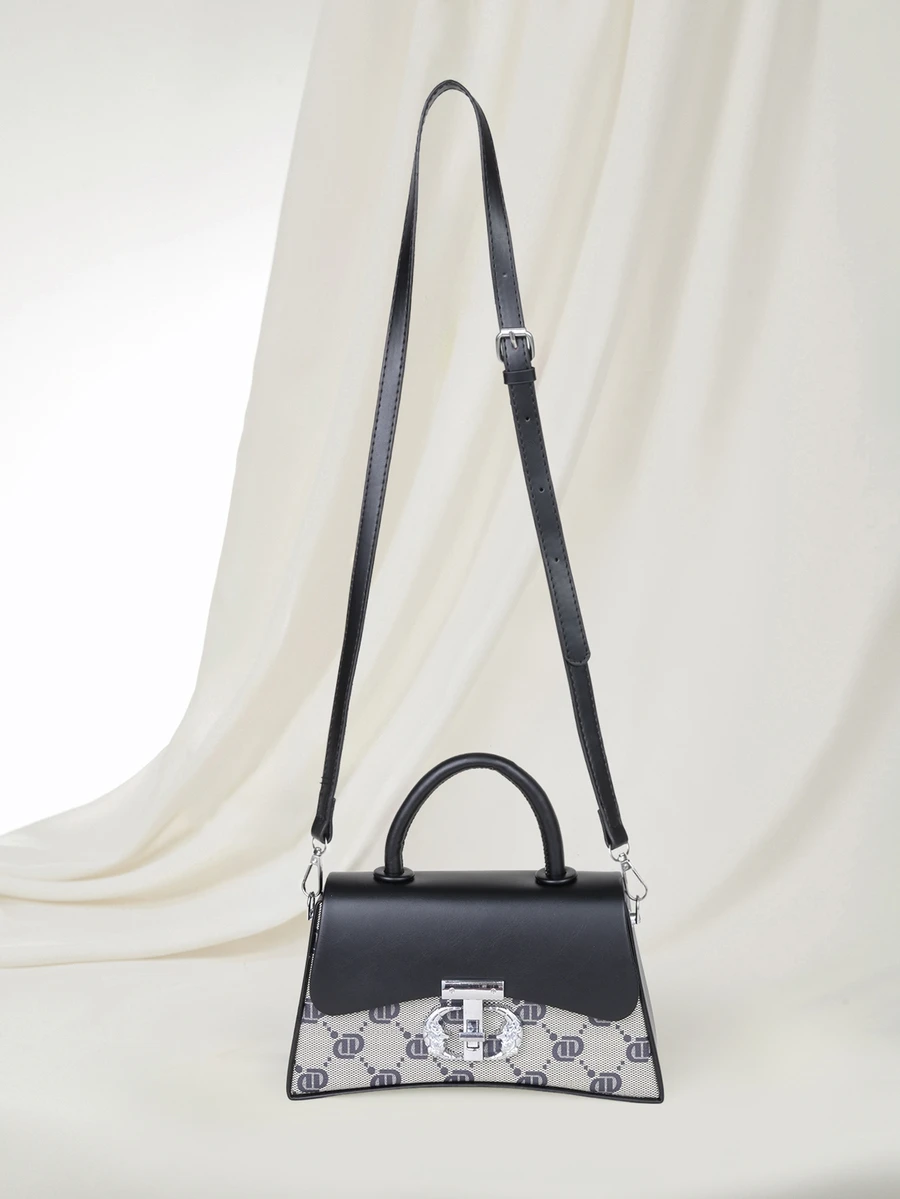 Clariva 1个复古方形手提包，字母印花翻盖斜挎包，方形，可拆卸肩带，圣诞礼物