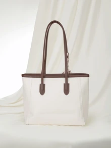 Clariva Fashionable Plain Color Scarf Decor PU Leather Tote Bag, Retro Minimalist Casual Shoulder Bag, Large Capacity Commuter Handbag Suitable For Women Gifts - White - View 3