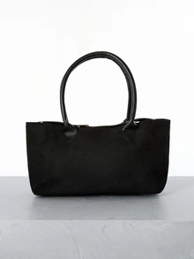 CHICVUE 1pc Black Strap Decor Large Capacity Faux Suede Patchwork Tote Bag, Women Shoulder Bag Gifts - Black - View 6