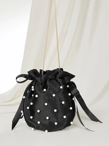 Clariva 1 pieza Bolso de hombro de mujer de nailon con decoración de perlas, bolso de cubo con cordón, un solo hombro y bandolera, regalo de Navidad - Negro - Ver 3