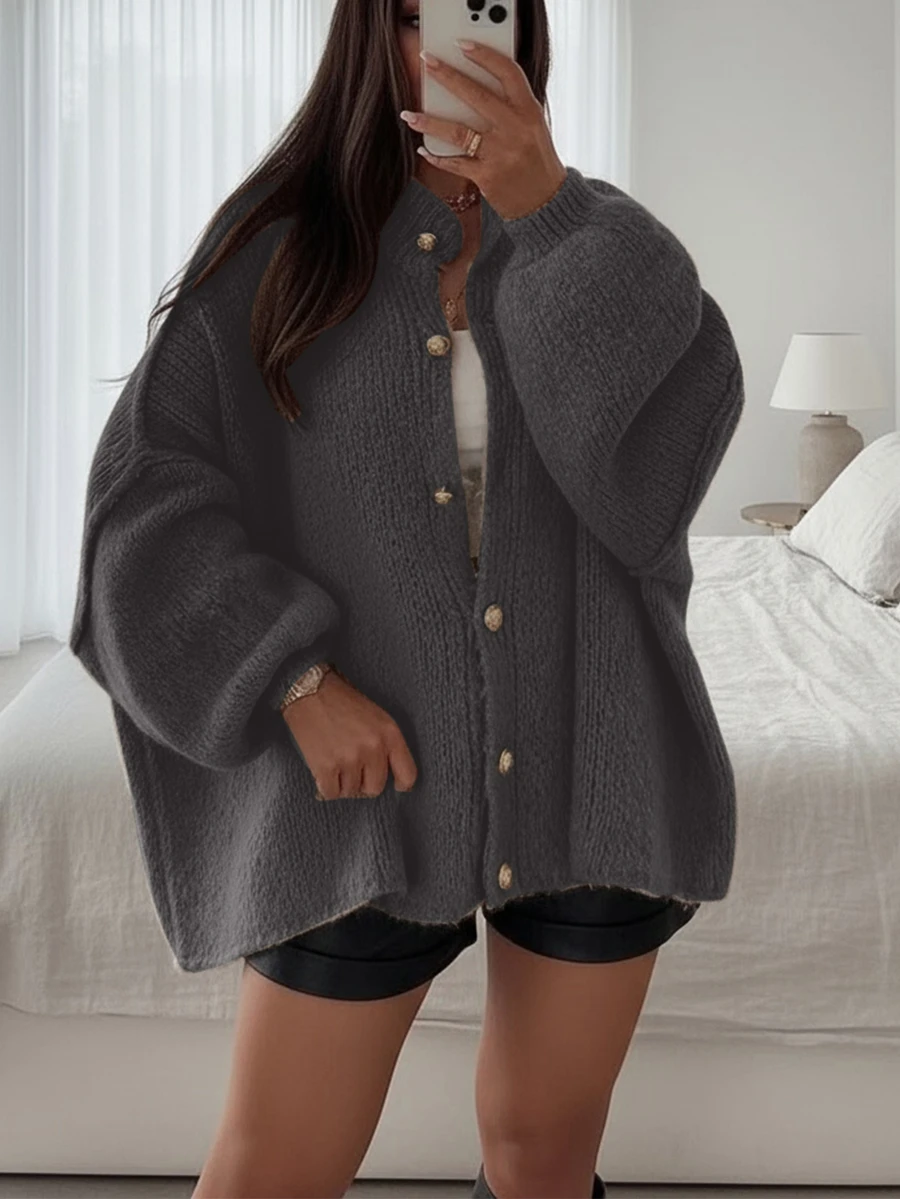 Joy Knit 女式秋冬毛衣，时尚新款 - 简约宽松针织开衫，带金属纽扣，长袖毛衣外套 - 深灰色 - 查看 1