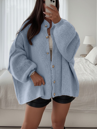 Joy Knit Women's Autumn/Winter Sweater - Minimalist Loose Fit Knit Cardigan With Metal Buttons, Long Sleeve