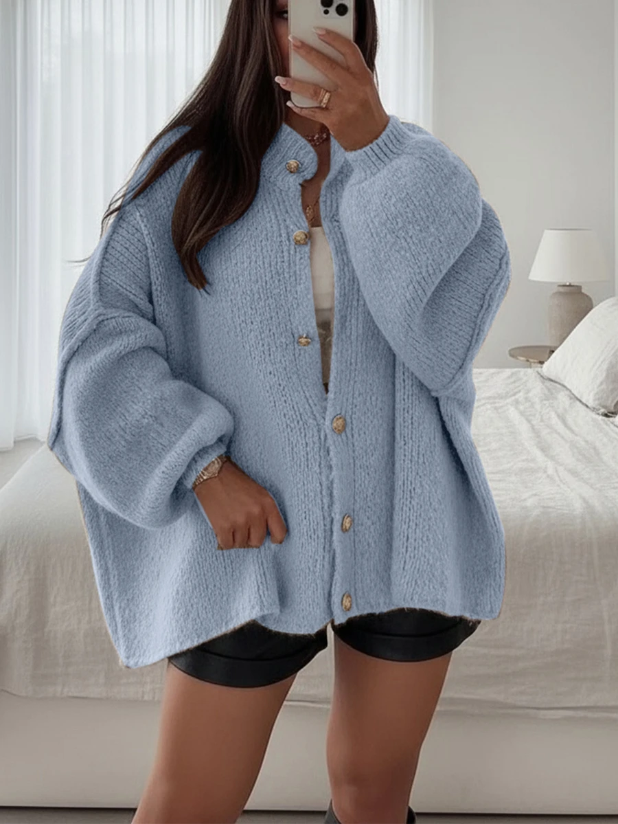 Joy Knit Women's Autumn/Winter Sweater - Minimalist Loose Fit Knit Cardigan With Metal Buttons, Long Sleeve