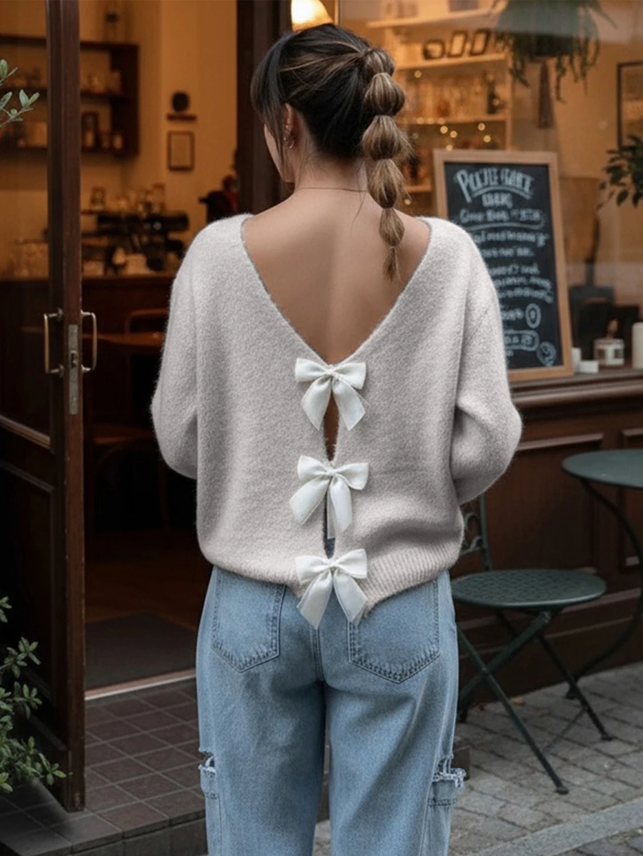 Joy Knit Women's New Autumn/Winter Sweater - Autumn/Winter Valentine's Day Sweater - Hollow-Out Bowknot Design On Back, Reversible Pullover Long Sleeve Winter Sweater