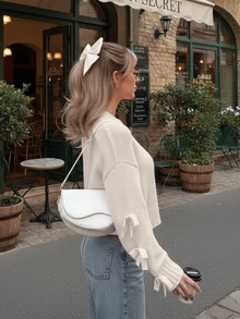 Nouveau pull tricoté pour femmes Joy, automne/hiver - Top polyvalent, minimaliste et doux, tout-aller - Manches avec nœud papillon, col rond court et ample - pull pour le bureau, les sorties et les voyages en avion