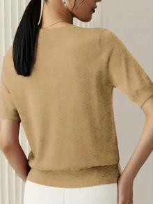 Women's Fine Knit Minimalist Lightweight Short Sleeve T-Shirt, Solid Color Knitted Top For Summer - Earthy Yellow - View 2