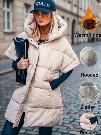 Women Stand Collar Hooded Quilted Short Sleeve Jacket, Warm For Autumn/Winter