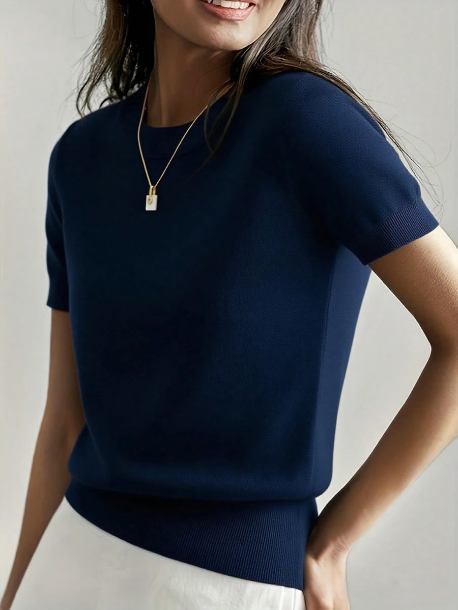 女式轻薄纯色短袖针织T恤，简约夏季上衣 - 藏蓝色 - 查看 1