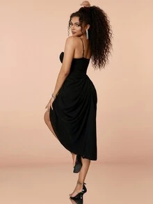 钻石链和褶皱细节紧身连衣裙，适合鸡尾酒会优雅舞会半正式婚礼宾客礼服，适合生日、毕业典礼、晚宴、返校节 - 黑色 - 查看 2