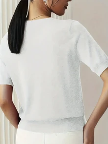 New Fine-Spun Women Minimalist Lightweight T-Shirt Tops, Solid Color Short Sleeve Knitted Sweater - White - View 2