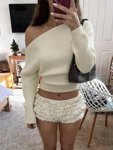 1 قطعة كنزة صوفية محبوكة بأكمام طويلة ضيقة الكتف مصنوعة من نسيج ريب ناعم، مناسبة للتنقل والأناقة، بتصميم بسيط، ملائمة للارتداء في درجات حرارة 5-15 درجة مئوية، مناسبة لأعياد الميلاد وعيد الحب والكريسماس