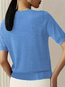 Áo thun mỏng tối giản mùa hè cho nữ, áo dệt kim tay ngắn, màu trơn - Màu xanh của chim công - Xem 2