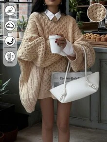 Autumn/Winter New Loose Street Casual Elegant Round Neck Cable Knitted Long-Sleeved Sweater, Casual Slouchy Knitted Versatile Top,Loose Knitted Pullover Sweater ,Ladies' Oversized Solid Color Long Sleeve Sweater , Commute, Minimalist, Old Money, Simple, Women's Autumn Clothing,Christmas - Apricot - View 10