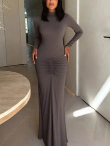 Elegant Ruched Solid Color Slim Waist Dress For Women - Coffee - View 6