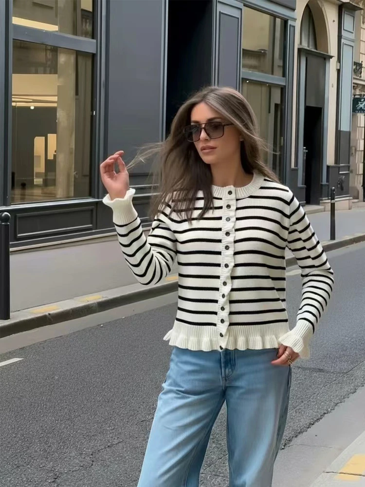 Joy Knit Women's Autumn/Winter Sweater - Basic Tops - Striped Casual Chic Minimalist Multi-Button Cuff & Hem Frill Trim Crew Neck Cardigan - Office Outfits For Women - Going Out Tops - Party - New Year - Black and White - View 1
