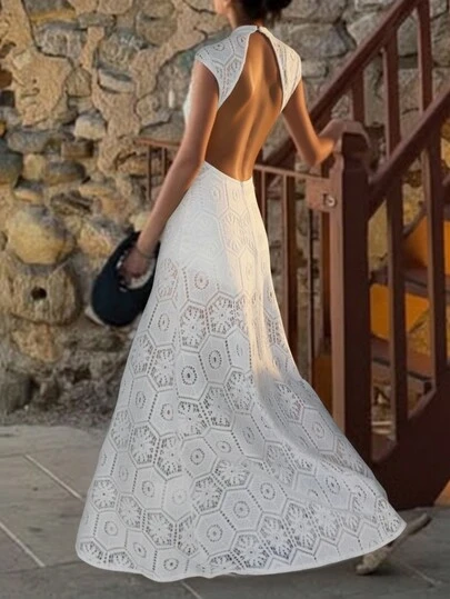 Bohemian Crocheted Romantic Beach Maxi Dress, Knit Jacquard Backless A-Line Skirt For Summer Beach Vacation, Glam Elegant Dress Suitable For Wedding Season #PartyLooks #SeasideVibes #DateDress , Music Festival , Wedding Season , Vacation