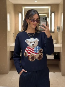 Joy Knit Women's Autumn/Winter Sweater - All-Match Tops - Minimalist Casual Fashionable Versatile - Cute Flag & Bear Graphic Jacquard Crew Neck Pullover Knit Top - Office Outfits For Women - Going Out Tops - Party - New Year - Navy Blue - View 1