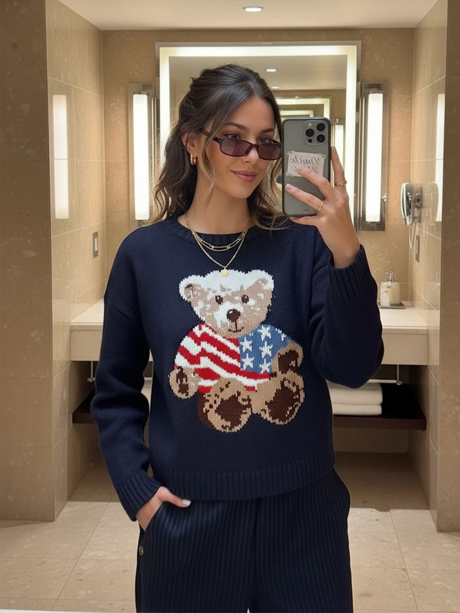 Joy Knit Women's Autumn/Winter Sweater - All-Match Tops - Minimalist Casual Fashionable Versatile - Cute Flag & Bear Graphic Jacquard Crew Neck Pullover Knit Top - Office Outfits For Women - Going Out Tops - Party - New Year - Navy Blue - View 1