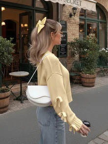 Suéter de punto para mujer Joy, nuevo para otoño/invierno - Parte superior casual minimalista, versátil y a juego - Manga con lazo, cuello redondo corto y holgado - Oficina - Salir - Viaje en aeropuerto