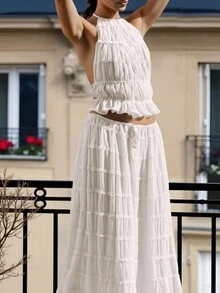 2pcs Chiffon Layered Ruffle Lace Trim Backless Camisole Maxi Dress Set, Romantic Elegant Two Pieces, Suitable For Christmas, Party, Gothic, Wedding And Other Occasions - White - View 2