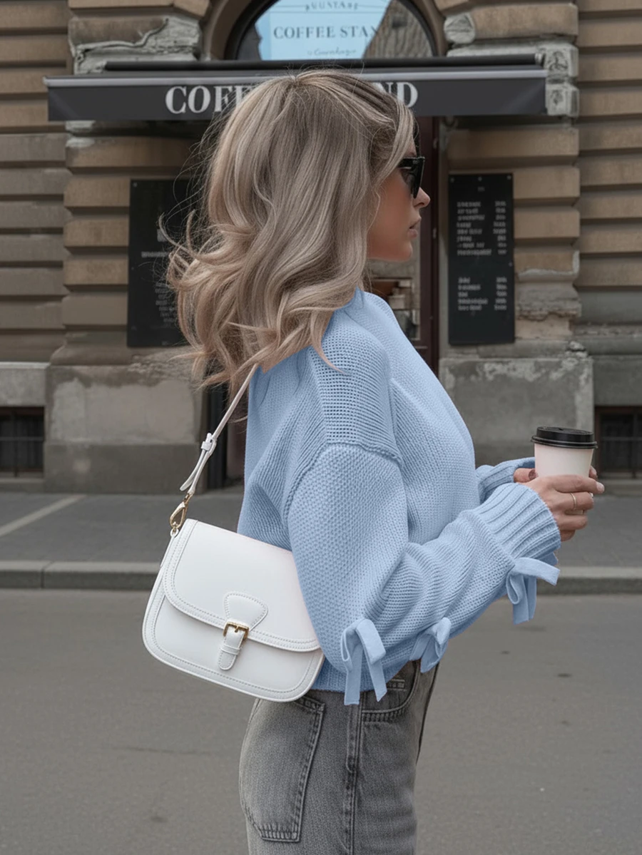 Joy Knit 女款秋冬新款針織上衣 優雅休閒極簡甜美百搭 3D蝴蝶結袖短版寬鬆圓領針織套頭毛衣 生日派對海灘節慶適用 - 藍色 - 查看 1