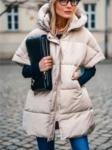 Veste matelassée à capuche et col montant pour femmes, manches courtes, chaud pour l'automne/l'hiver - Beige - Voir 2