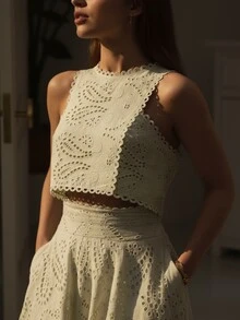 1 chiếc áo croptop không tay thêu hoa khoét rỗng kiểu vintage, họa tiết hoa ngẫu nhiên. - Lạc đà - Xem 2