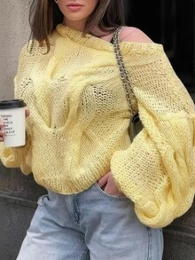 Women's Hollow Round Neck Sleeve Loose Sweater, Knit Pullover Fall Winter,Long Sleeve Tops, Asymmetrical Neck Sweater - Yellow - View 2