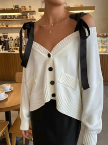 Joy Knit Women's Autumn/Winter Sweater New Arrival - Basic Tops - Casual Cute Sweet Elegant - Shoulder Tie Bow Exposed Shoulder Button Knit Cardigan Office For Women - Going Out Tops - Travel Airport - New Year White - White - View 2