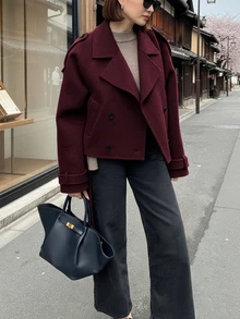 Solid Color Long Sleeve Double-Breasted Casual Coat - Burgundy - View 3