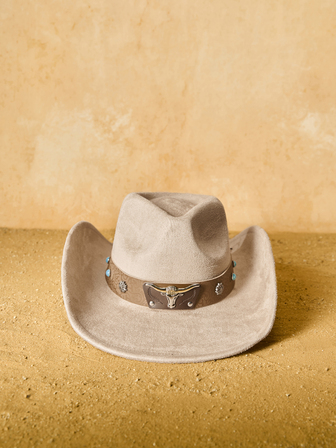 1顶男女通用新款仿皮装饰高品质绒面革帽檐帽，时尚简约百搭西部牛仔风格，适合日常佩戴、西部主题活动、生日派对、音乐节、圣诞礼物