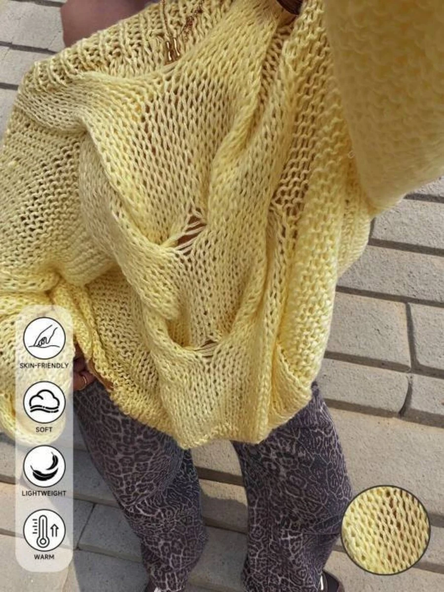 Women's Hollow Round Neck Sleeve Loose Sweater, Knit Pullover Fall Winter,Long Sleeve Tops, Asymmetrical Neck Sweater - Yellow - View 1