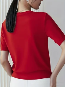 Women's Lightweight Solid Color Short Sleeve Knit T-Shirt, Minimalist Summer Top Red - Red - View 2